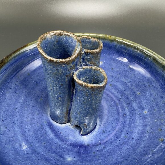 Hand Made Pottery Flower Frog Dish Container Vase Artist Signed Blue Glazed VTG - Picture 7 of 12